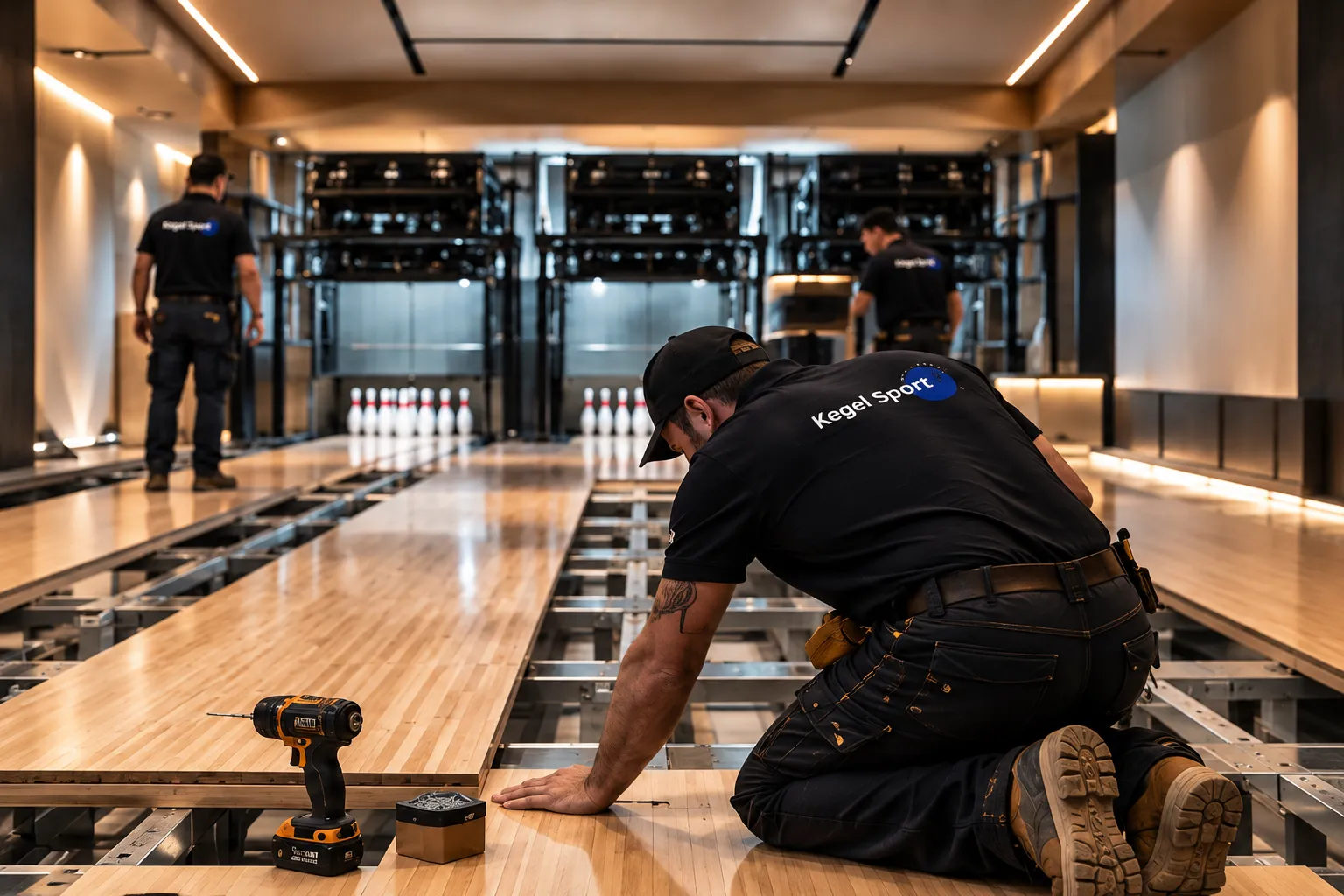 Kegel Sport team installing a custom bowling alley